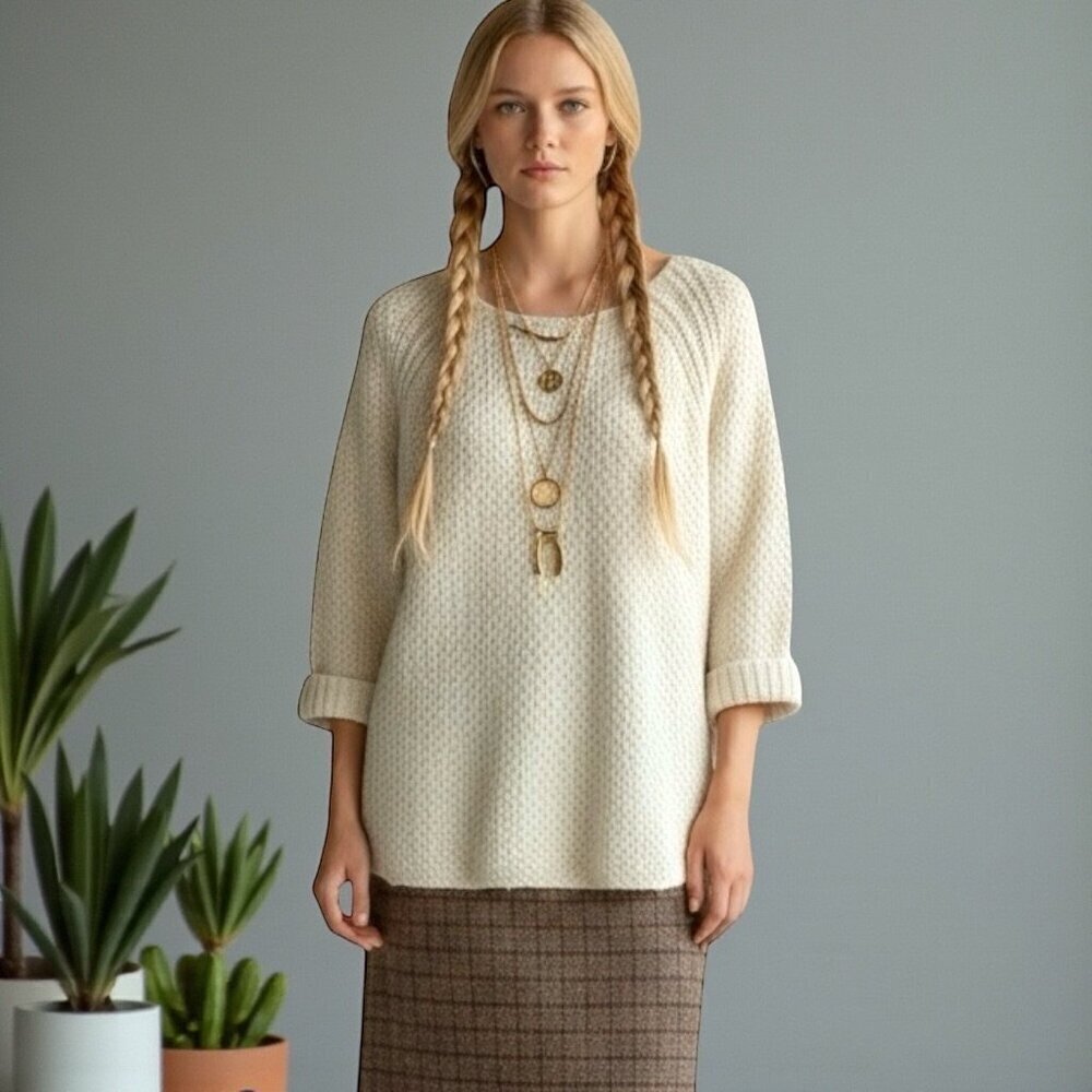 NWT Anthropologie Dex Chunky Sweater Sz L Cream Wool Blend Coastal Fisherman